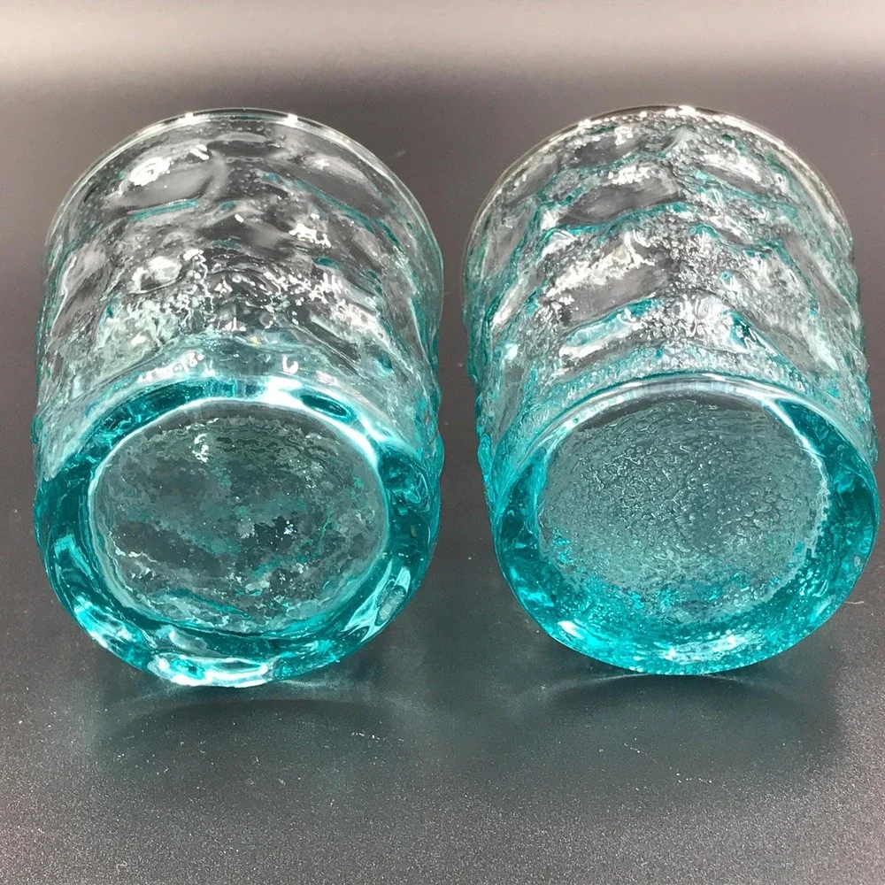 Pair of Anchor Hocking Milano Aqua Blue Glass Flat‎ Tumblers Bark Texture 8 oz